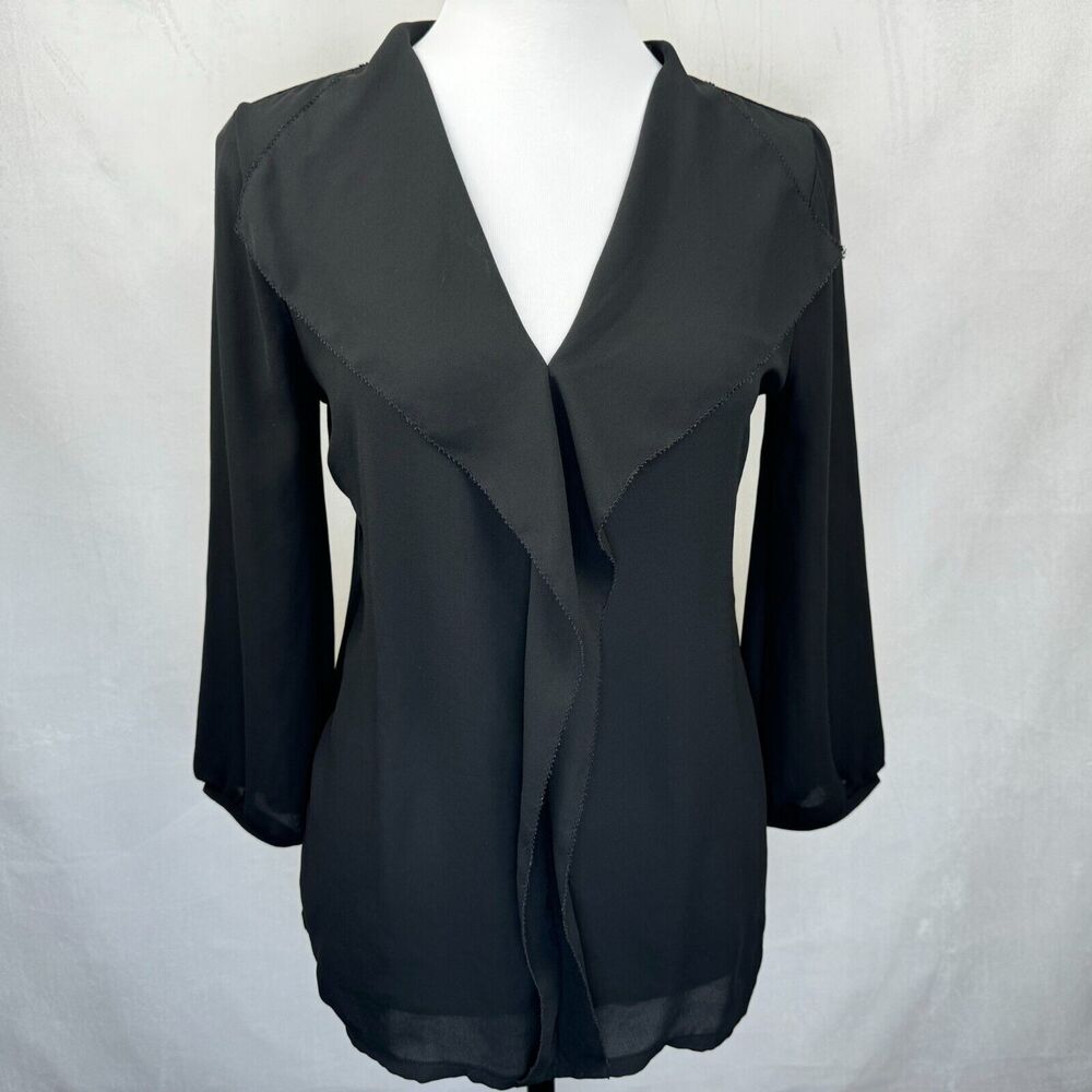 LOFT Black Blouse Sz S Sheer Front Knit Back V-Neck Flapped Neckline